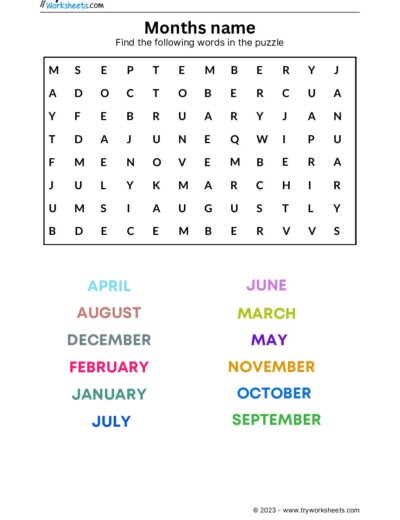 Months name worksheets