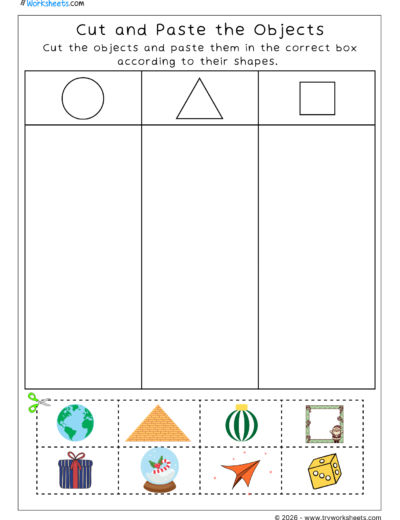LKG Shapes Worksheets- Cut and paste Objects Activity