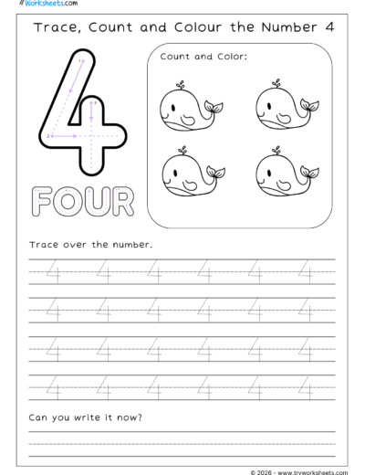 Math Kindergarten Worksheet – Trace, Count and Colour the Number 4