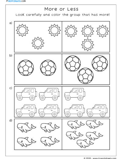 More or Less Worksheets for Lower Kindergarten