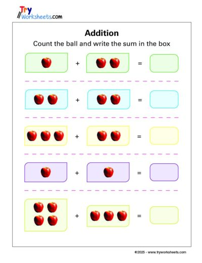 Math – Grade 1: Addition Worksheet | Count the Balls & Write the Sum