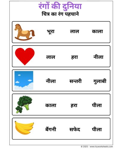 Hindi UKG Worksheet  – Recognize the color of the picture