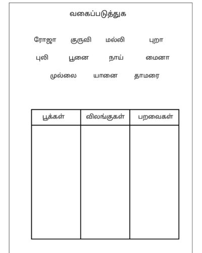 Grade 2 – Tamil Worksheet – Classifications