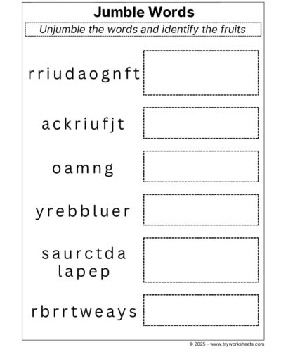 Science Grade 3 Worksheets -Jumble words Fruits