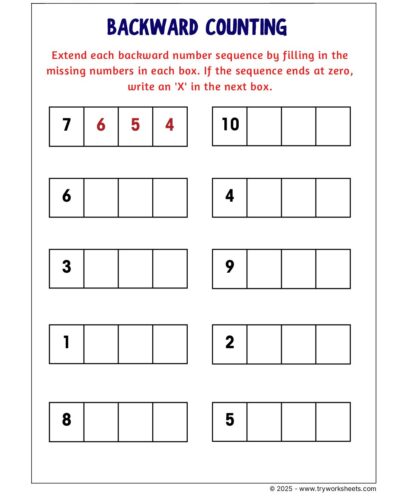Math KG Worksheet – Backward counting
