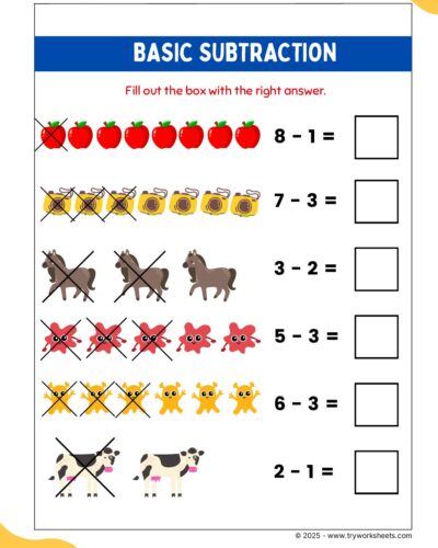 Math KG Worksheet – Basic Subtraction
