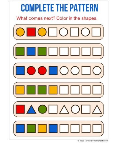 Math KG Worksheet – Complete the Pattern