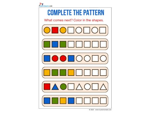 Math KG Worksheet – Complete the Pattern