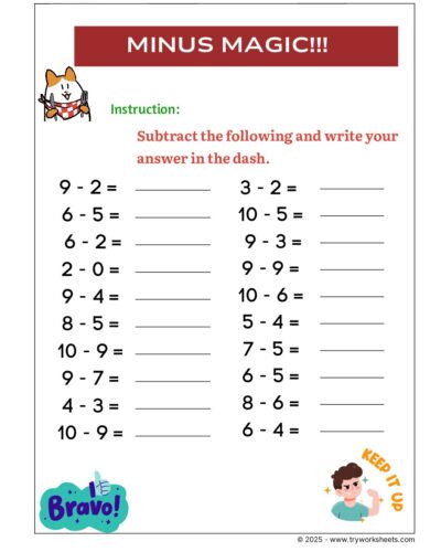 Math KG Worksheet – Minus Magic