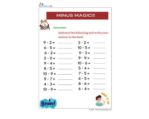 Math KG Worksheet – Minus Magic