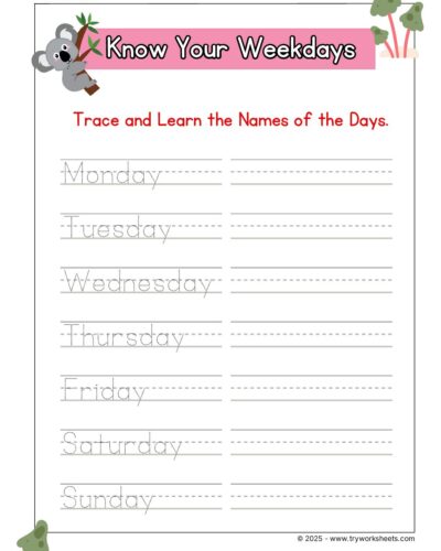 Math KG Worksheet – Know Your Weekdays
