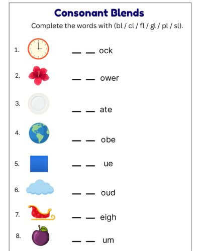 Consonant Blends Worksheet – Complete the Words with bl, cl, fl, gl, pl, sl