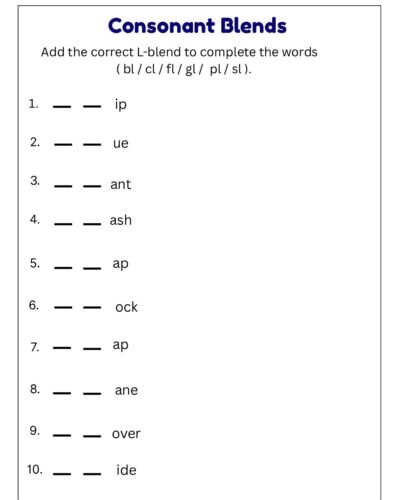 Consonant Blends Worksheet – Complete the Words with bl, cl, fl, gl, pl, sl