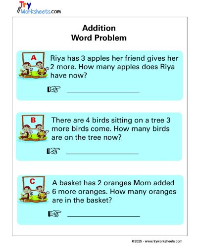 Math Grade 1 – Addition Word Problem Worksheets for Kids