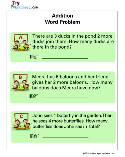 Math Grade 1 – Addition Word Problem Worksheets for Kids