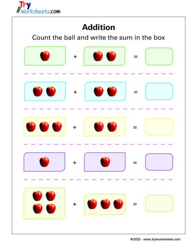 Math – Grade 1: Addition Worksheet | Count the Balls & Write the Sum