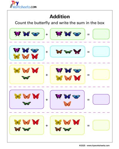 Grade 1 Math Addition Worksheet – Count Butterflies & Add