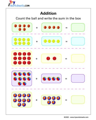 Math – Grade 1: Addition Worksheet | Count the Balls & Write the Sum