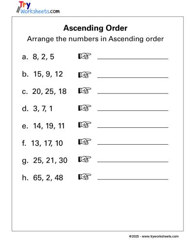 Math – Grade 1: Ascending Order Worksheet | Arrange Numbers