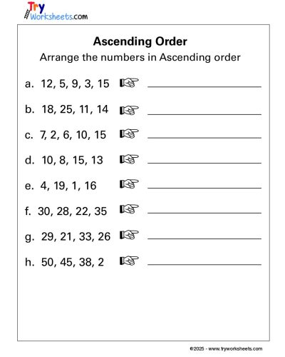 Math – Grade 1: Ascending Order Worksheet | Arrange Numbers