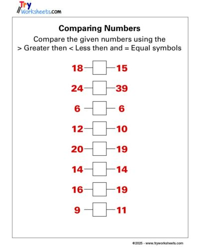 Math – Grade 1: Comparing Numbers Worksheet | Greater, Less, Equal