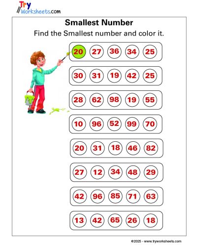 Math Grade 1 – Find and Color the Smallest Number Worksheet