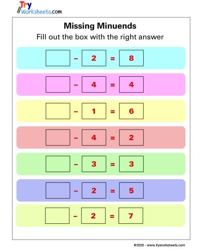 Math Grade 1 – Missing Minuends Worksheet with Fill-in Answers