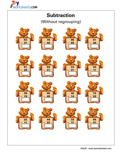 Subtraction Worksheet (Without Regrouping) for Grade 1