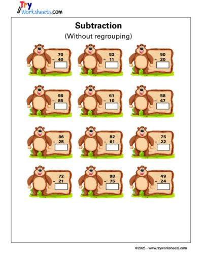 Subtraction Worksheet (Without Regrouping) for Grade 1