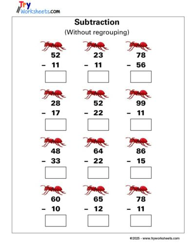 Subtraction Worksheet (Without Regrouping) for Grade 1