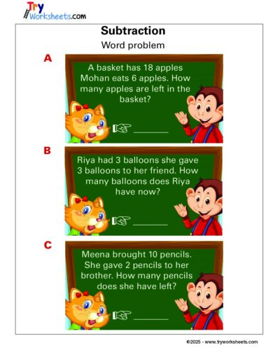Math Grade 1 – Subtraction Word Problem Worksheets for Kids