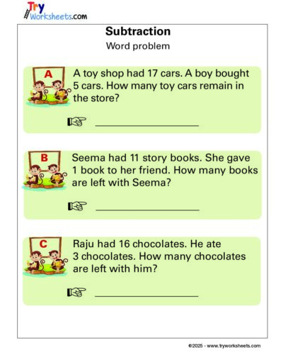Math Grade 1 – Subtraction Word Problem Worksheets for Kids