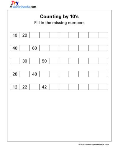 Math – Grade 1: Counting by 10’s Worksheet | Fill in the Missing Numbers
