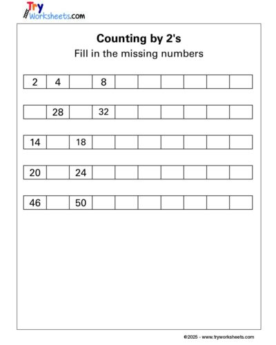 Math – Grade 1: Counting by 2’s Worksheet | Fill in the Missing Numbers