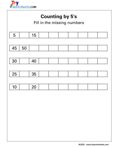 Math – Grade 1: Counting by 5’s Worksheet | Fill in the Missing Numbers