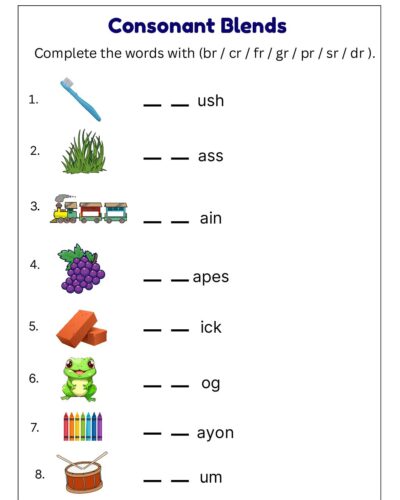 Consonant Blends Worksheet – Complete the Words with br, cr, fr, gr, pr, sr, dr