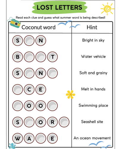Kids Summer Worksheet – Guess the letter