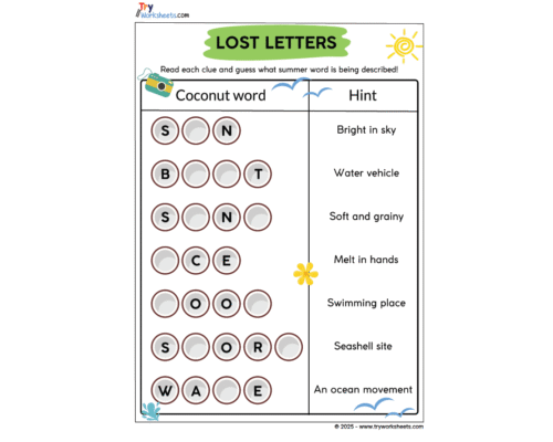 Kids Summer Worksheet – Guess the letter