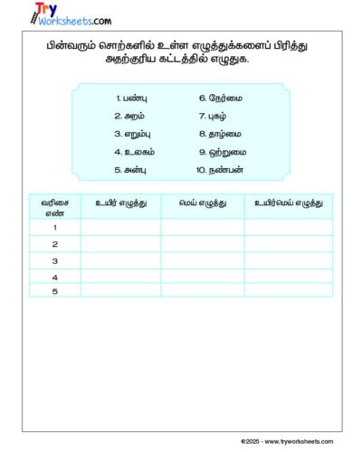 Tamil – Grade 2 Worksheet – Mei Eluthu – Uyir Eluthu – Sorting