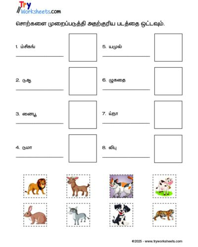 Tamil – Grade 3 –  Cut and Paste Worksheet – Arrange the Words and Match with the Picture –  Animal names