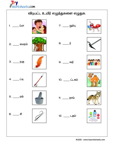 Tamil Grade 1 Missing Letters Worksheet | Uyir Eluthukal Practice