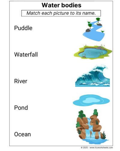 Science Grade 1 Worksheet – Water bodies