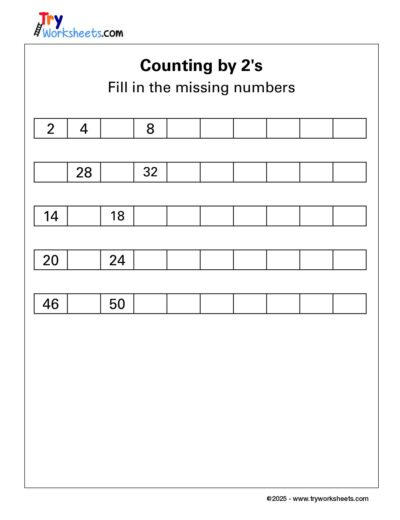 Math – Grade 1: Counting by 2’s Worksheet | Fill in the Missing Numbers