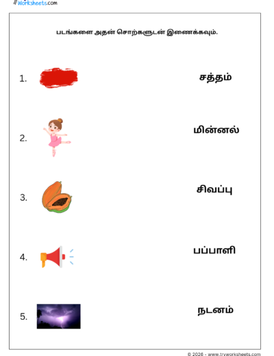 Match Four Letter Tamil Words Worksheet 2 | படங்களை சொற்களுடன் இணைக்கவும் | Free PDF