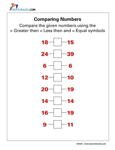 Math – Grade 1: Comparing Numbers Worksheet | Greater, Less, Equal