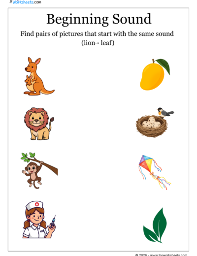 LKG Beginning Sounds Worksheets | Find Picture Pairs with the Same Sound – 3