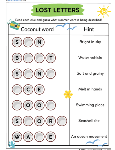 Kids Summer Worksheet – Guess the letter
