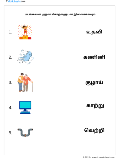 Match Three Letter Tamil Words Worksheet 4 | படங்களை சொற்களுடன் இணைக்கவும் | Free PDF