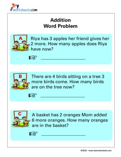 Math Grade 1 – Addition Word Problem Worksheets for Kids