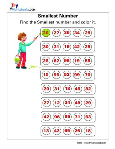 Math Grade 1 – Find and Color the Smallest Number Worksheet